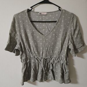 NWOT Sage Green Trendy Modern Tie Front Ruffled Crop Blouse Size Large